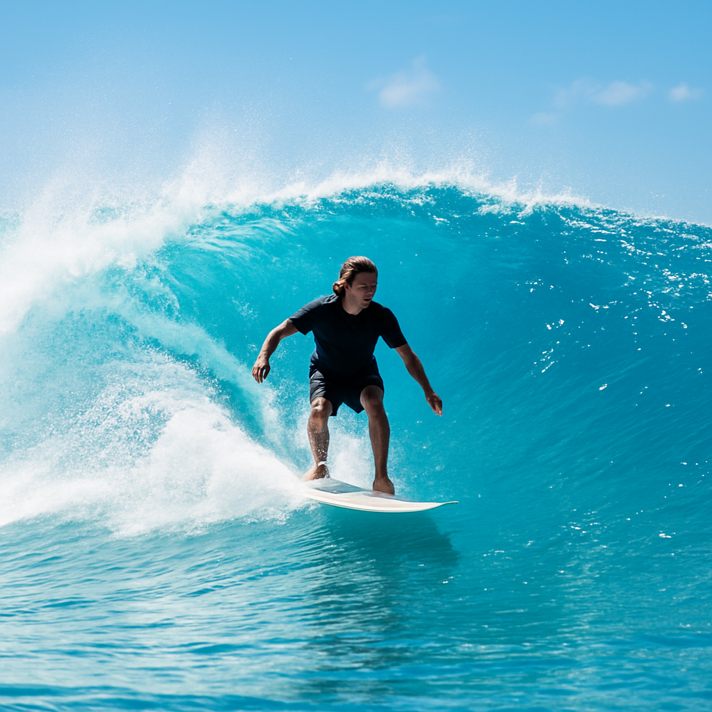 Surfista pegando uma onda ao pôr do sol